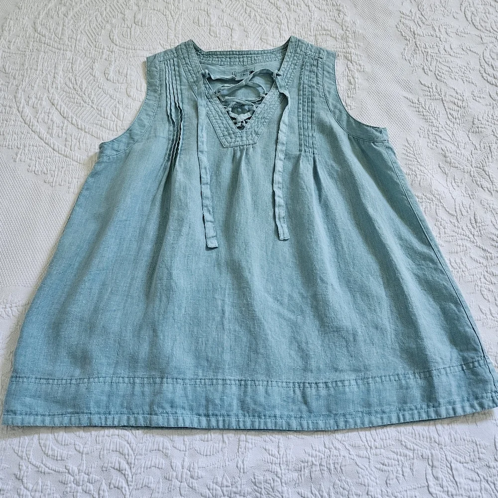 Artisan NY 100% linen blue blouse lace up front coastal Lagenlook size M - Picture 1 of 8